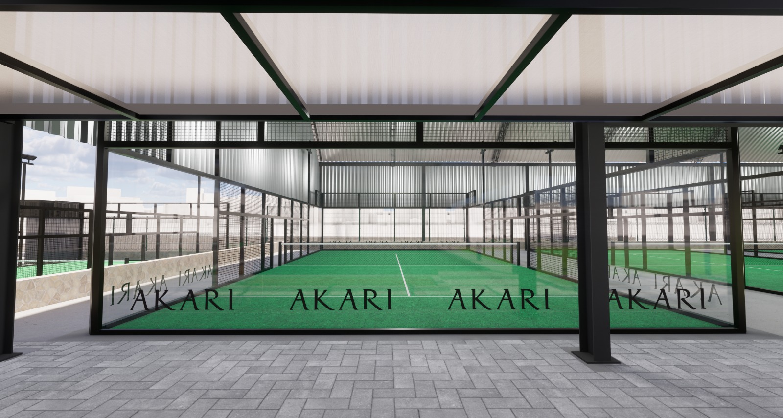 Render de cancha con vinilo de marca en cristales
