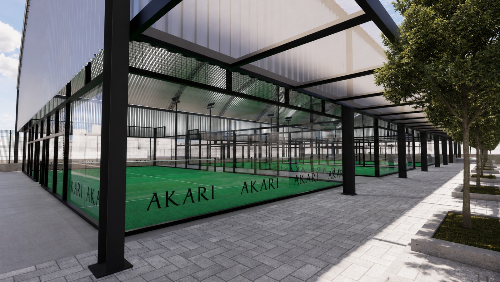 Render exterior de canchas con presencia de marca
