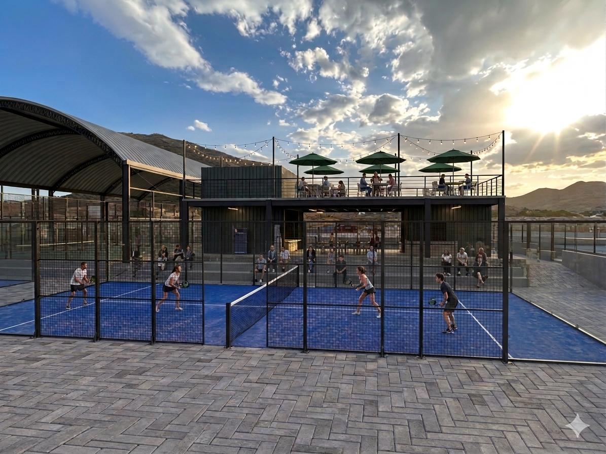 Canchas de pádel en juego con terraza al atardecer